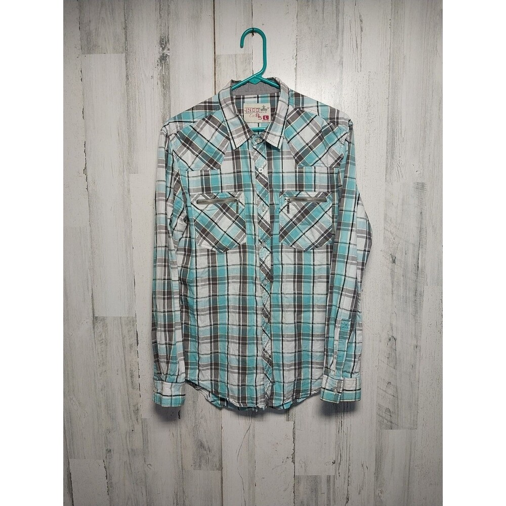 JNCO  Men's  Large Blue Plaid Button Up Long Sleeve Shirt
